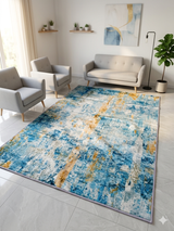 Tapis de Salon Tissé Abstrait Bleu Canard & Doré Étrave – 180 x 120 cm