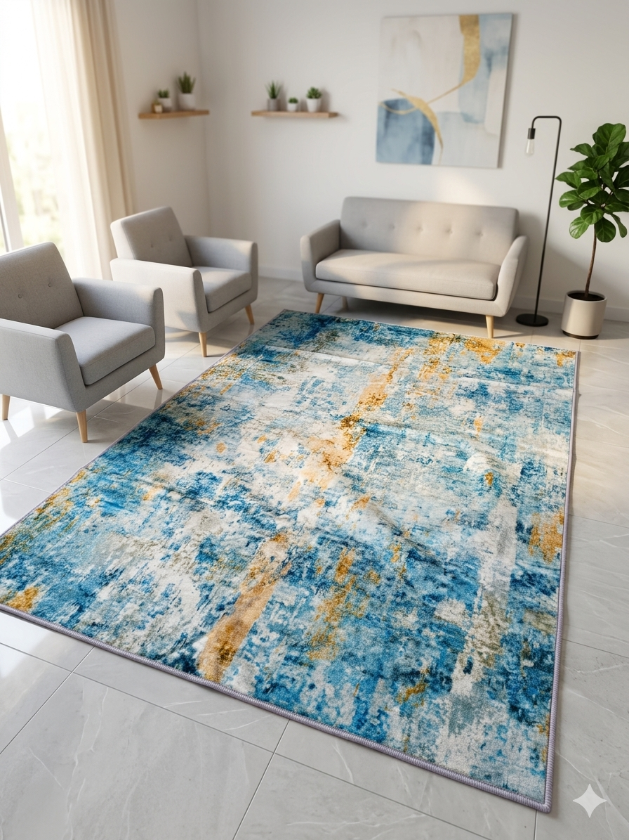 Tapis de Salon Tissé Abstrait Bleu Canard & Doré Étrave – 180 x 120 cm