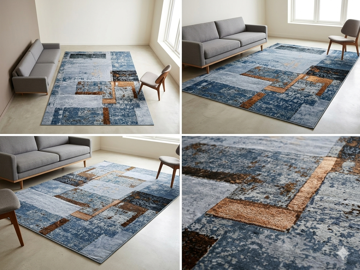 Tapis de Salon Tissé Abstrait Bleu Acier & Cognac – 180 x 120 cm