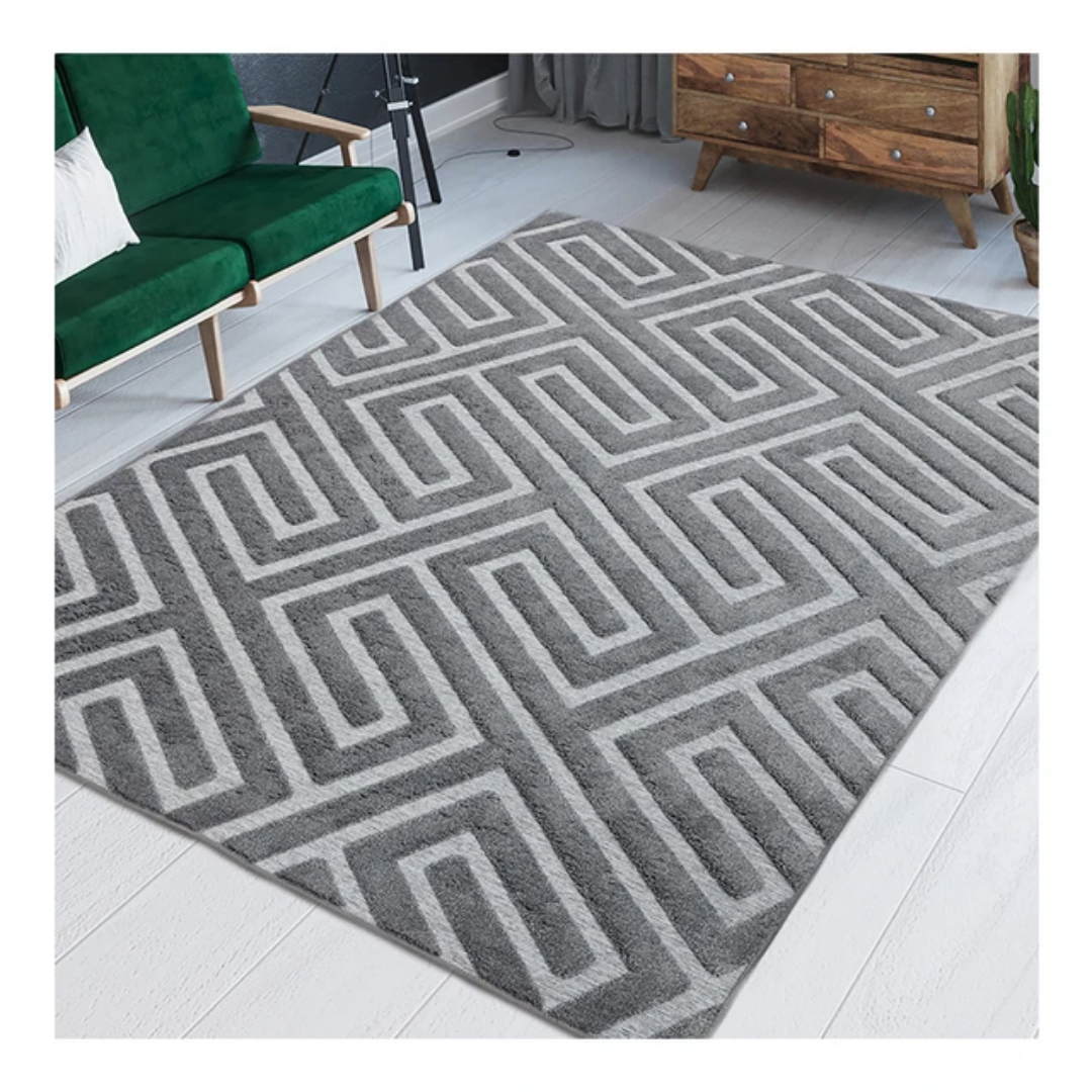 Tapis de Salon Tissé Géométrique Gris en Relief – 180 x 120 cm