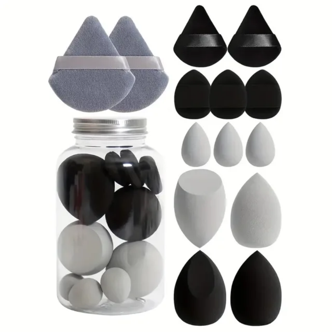 Set Ultime de Éponges de Maquillage & Houppettes Velvet (14 pièces) - Bocal de Rangement Offert