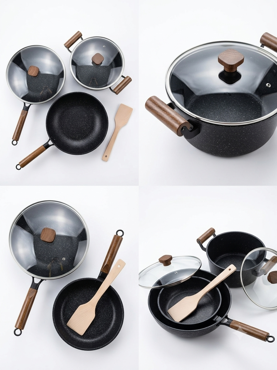 Set de Cuisine Premium DSTT® – 3 Pièces Antiadhésives en Pierre / Effet Granit & Poignées Effet Bois