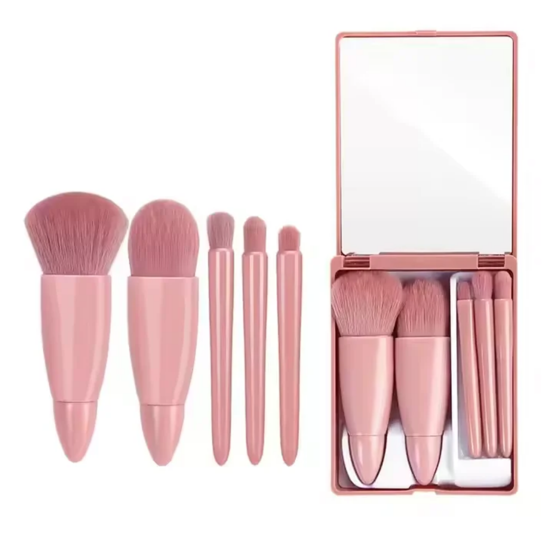Compact 5-Piece Makeup Brush Set with Built-in Mirror - Travel Edition