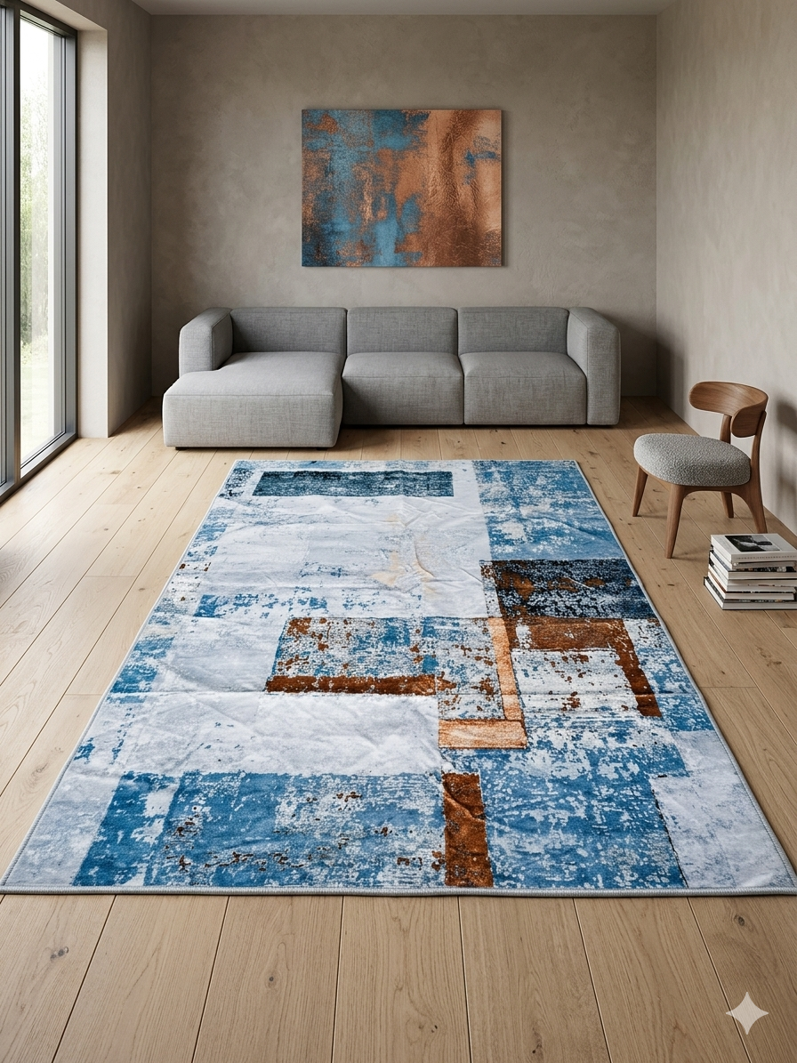 Tapis de Salon Tissé Abstrait Bleu Acier & Cognac – 180 x 120 cm