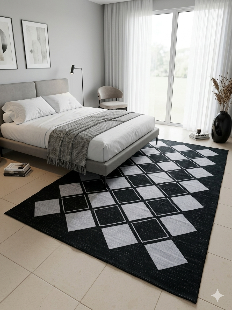 Tapis de Salon Tissé Géométrique Noir & Blanc Motif Losanges – 180 x 120 cm