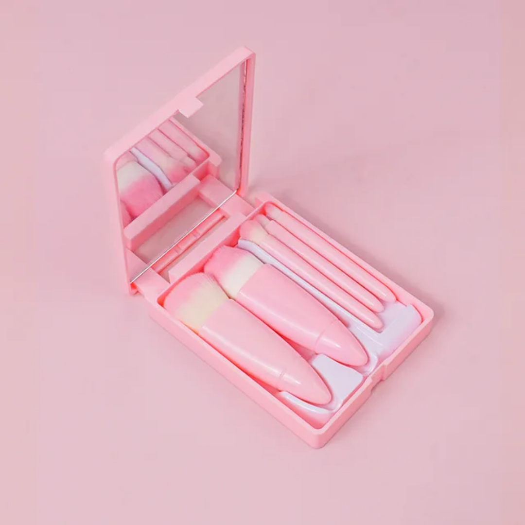 Compact 5-Piece Makeup Brush Set with Built-in Mirror - Travel Edition