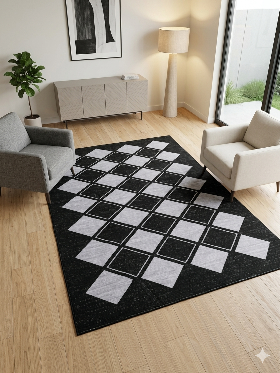 Tapis de Salon Tissé Géométrique Noir & Blanc Motif Losanges – 180 x 120 cm
