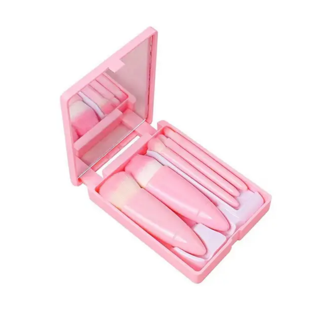 Compact 5-Piece Makeup Brush Set with Built-in Mirror - Travel Edition