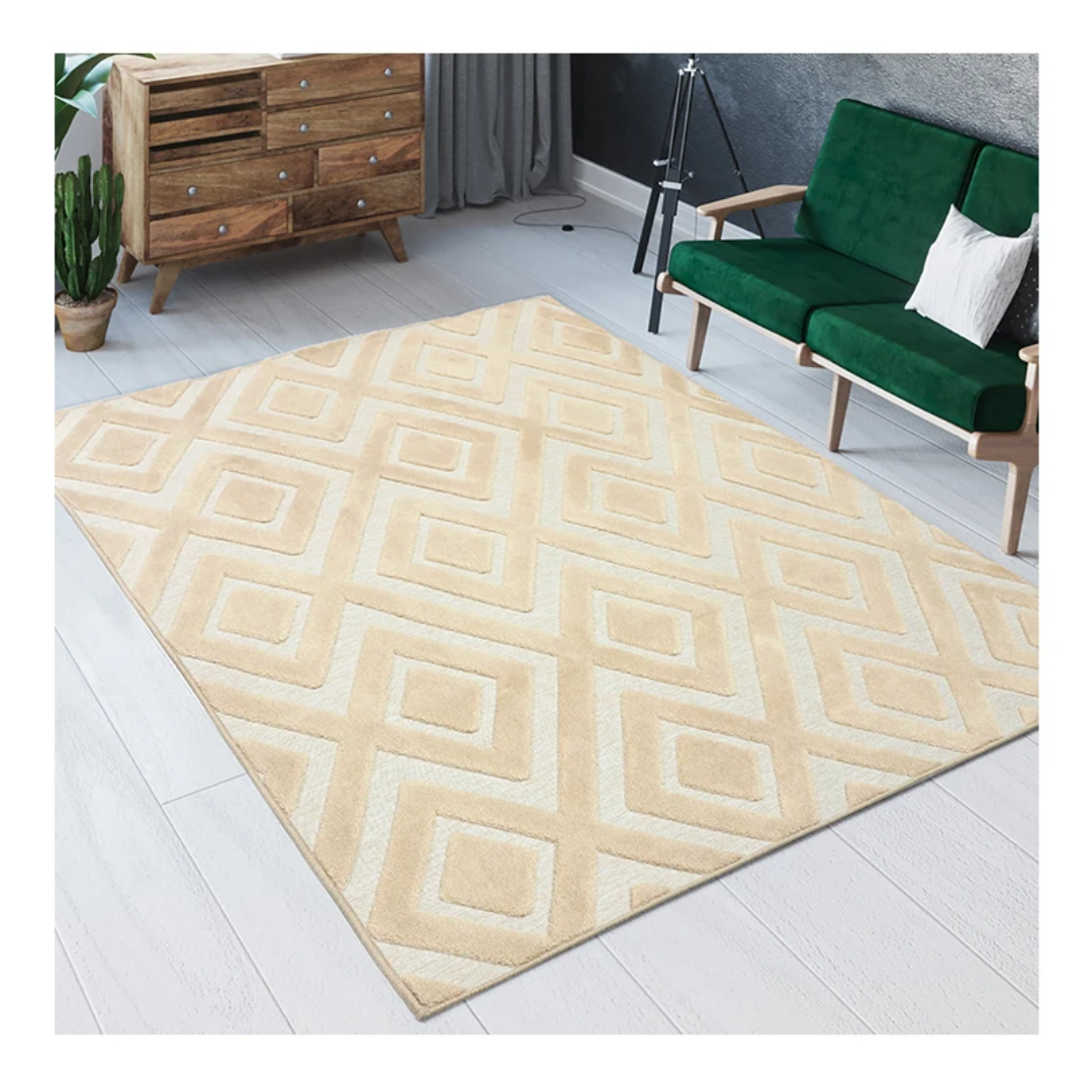 Tapis de Salon Tissé Géométrique Beige & Crème en Relief – 180 x 120 cm