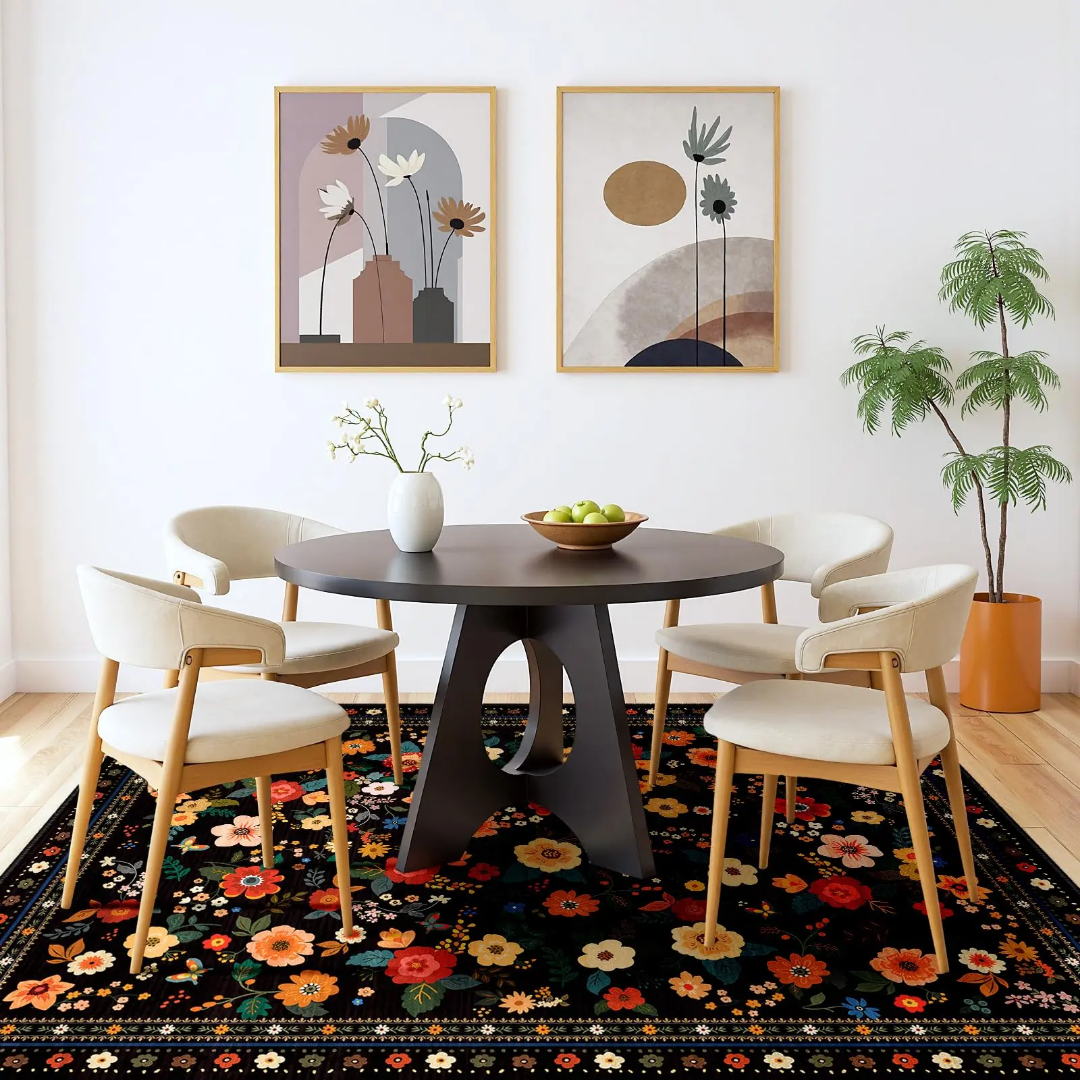 Tapis de Salon Tissé Motif Floral Vintage Fond Noir – Lavable en Machine – 180 x 120 cm