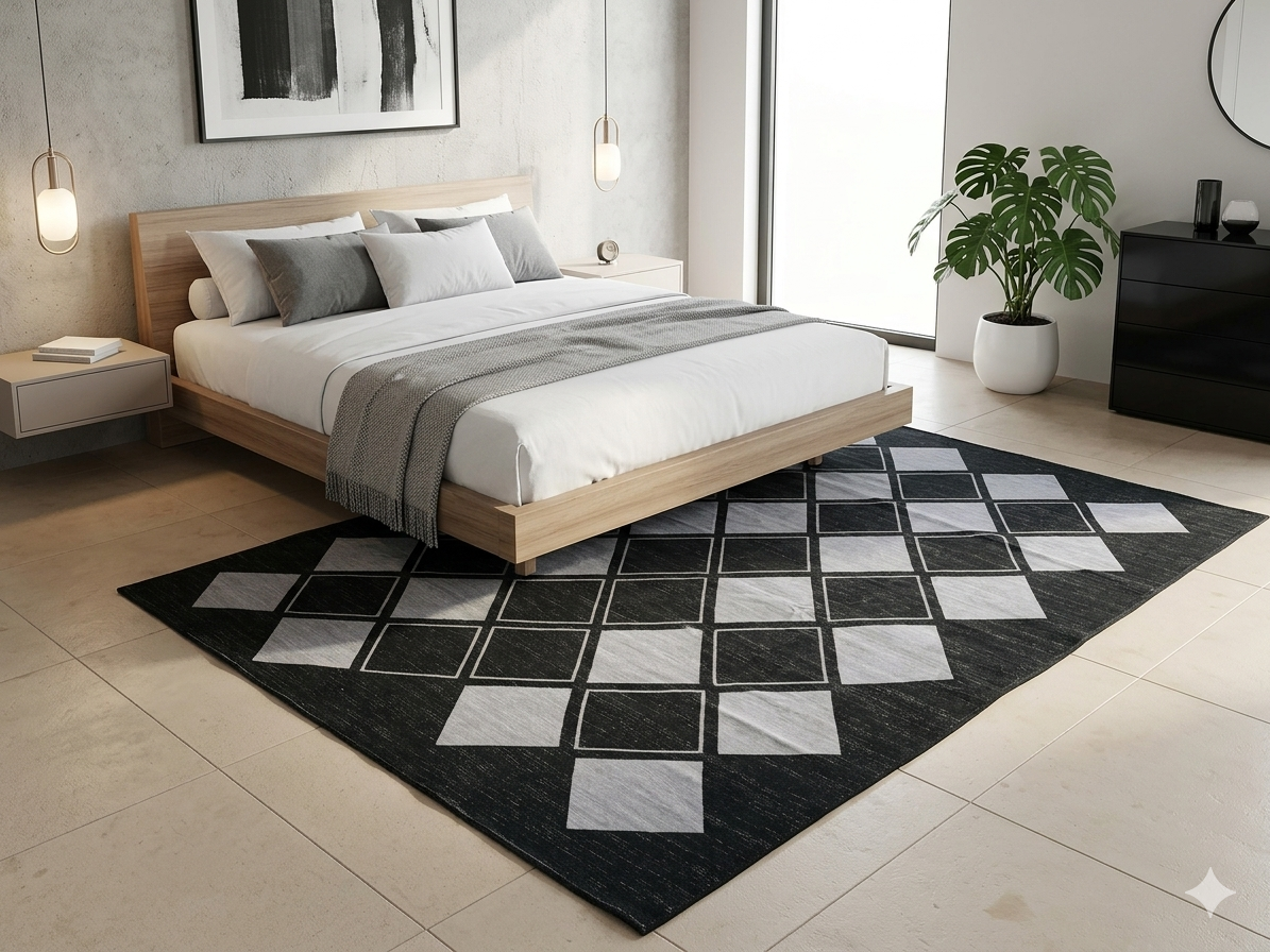 Tapis de Salon Tissé Géométrique Noir & Blanc Motif Losanges – 180 x 120 cm