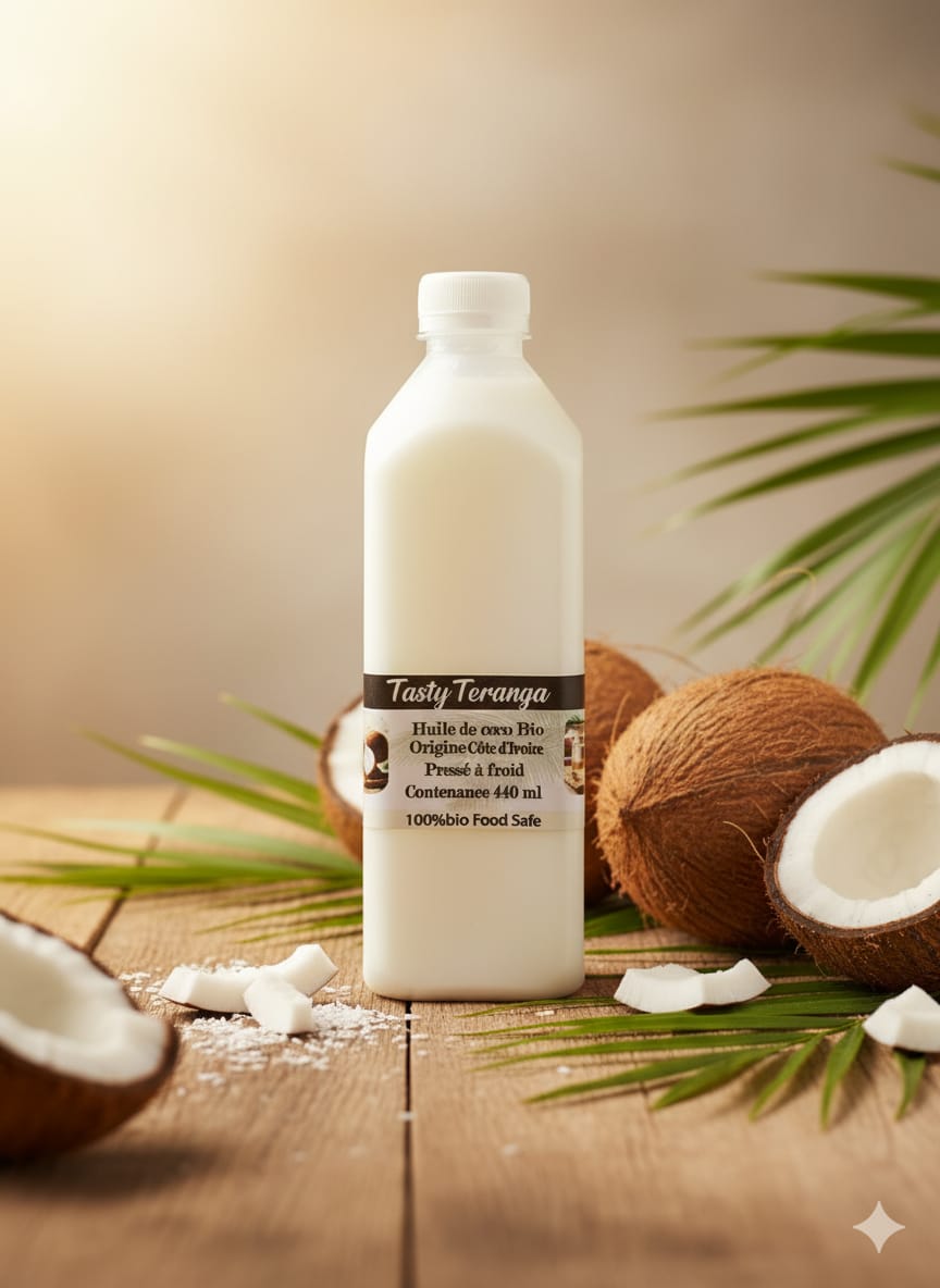 Huile de Coco Vierge Bio - Pressée à Froid 100% Pure - Qualité Alimentaire & Cosmétique (500 ml) | Tasty Teranga