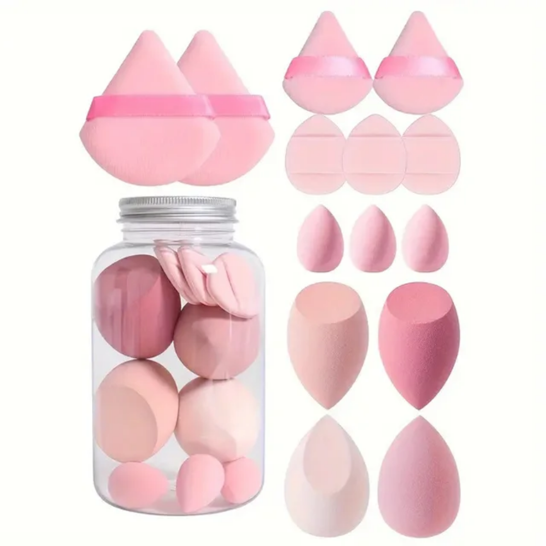 Set Ultime de Éponges de Maquillage & Houppettes Velvet (14 pièces) - Bocal de Rangement Offert