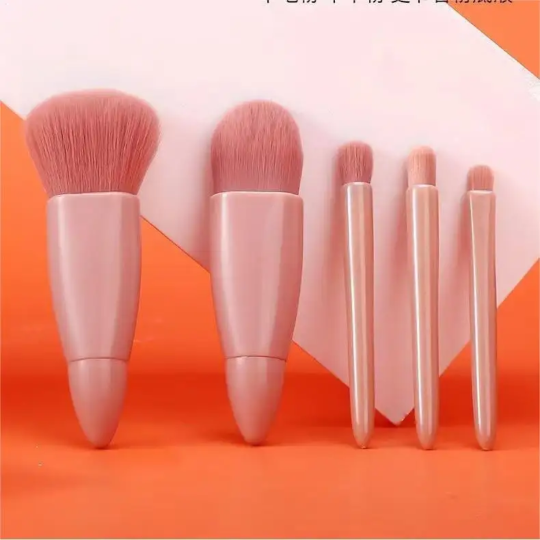 Compact 5-Piece Makeup Brush Set with Built-in Mirror - Travel Edition