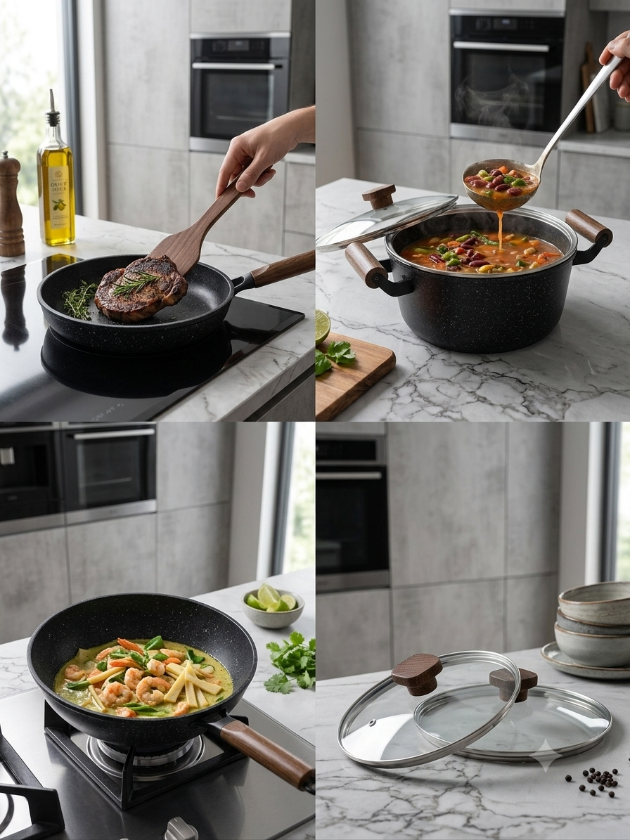 Set de Cuisine Premium DSTT® – 3 Pièces Antiadhésives en Pierre / Effet Granit & Poignées Effet Bois
