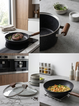 Set de Cuisine Premium DSTT® – 3 Pièces Antiadhésives en Pierre / Effet Granit & Poignées Effet Bois