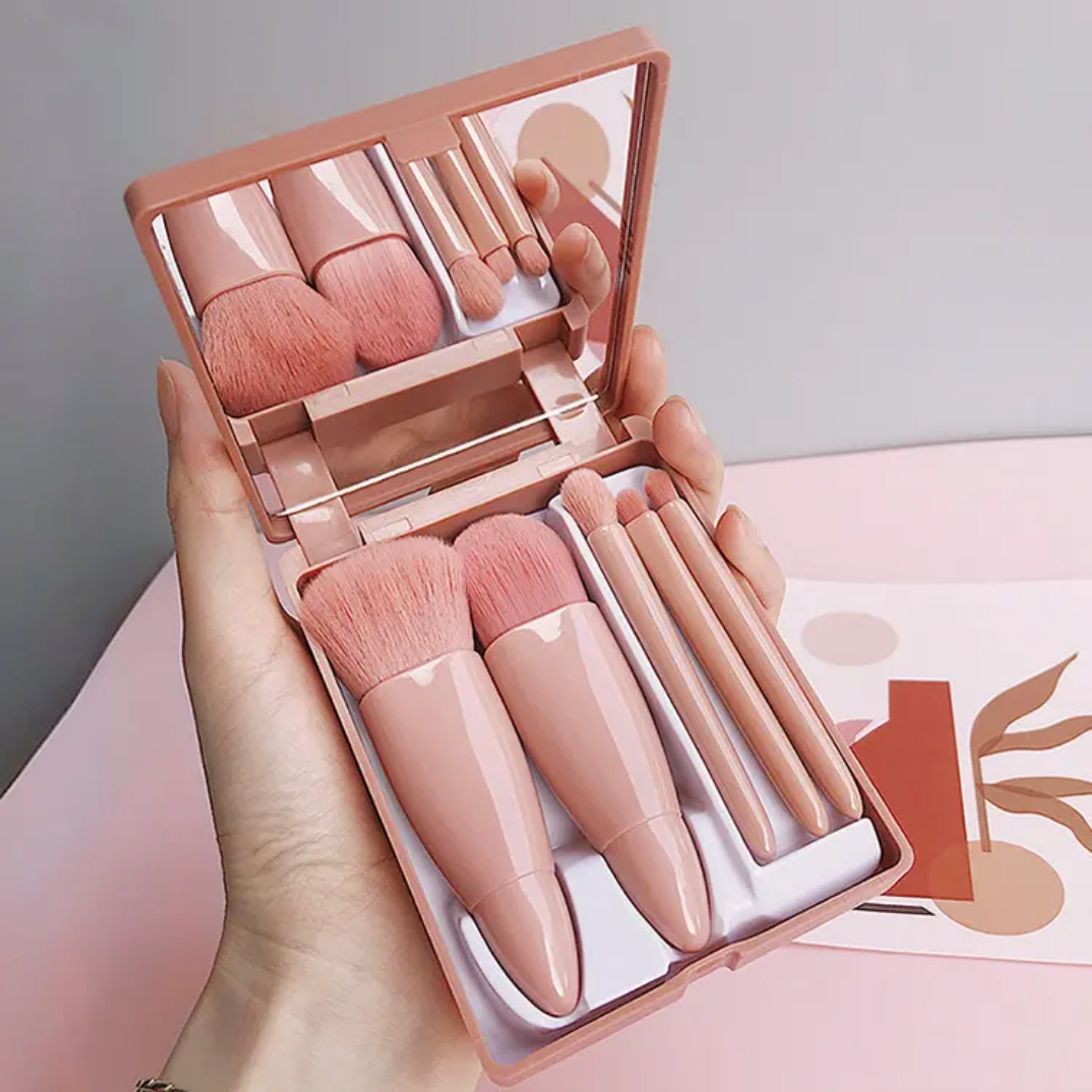 Compact 5-Piece Makeup Brush Set with Built-in Mirror - Travel Edition