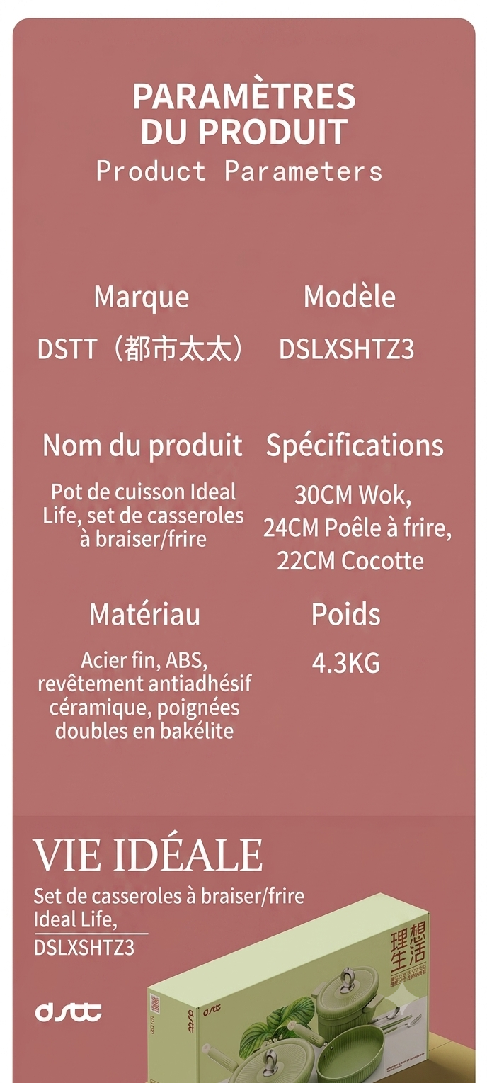Set de cuisine complet "Urban Lady" - DSTT DSLXSHTZ3, Revêtement Céramique Antiadhésif - 3 Pièces