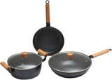 Set de Cuisine Premium DSTT® – 3 Pièces Antiadhésives en Pierre / Effet Granit & Poignées Effet Bois