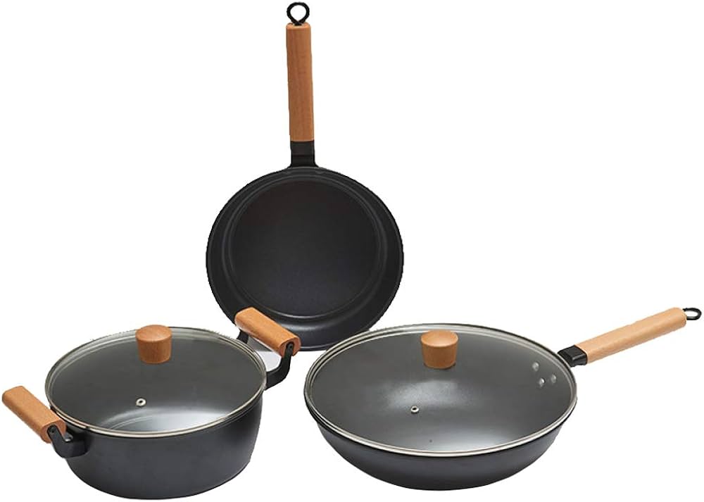 Set de Cuisine Premium DSTT® – 3 Pièces Antiadhésives en Pierre / Effet Granit & Poignées Effet Bois