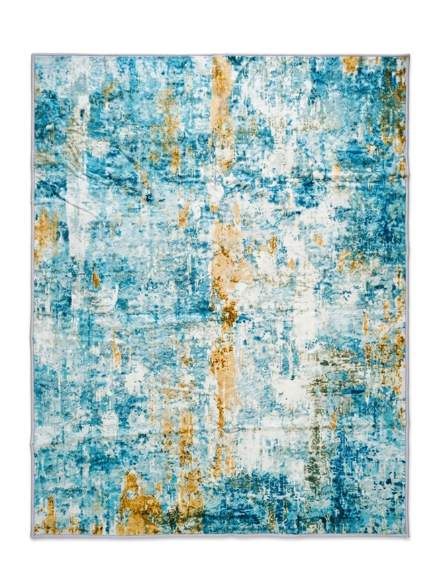 Tapis de Salon Tissé Abstrait Bleu Canard & Doré Étrave – 180 x 120 cm