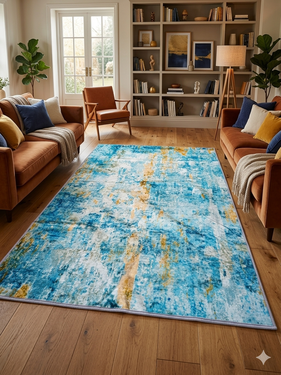Tapis de Salon Tissé Abstrait Bleu Canard & Doré Étrave – 180 x 120 cm