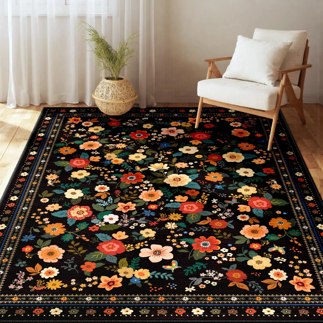 Tapis de Salon Tissé Motif Floral Vintage Fond Noir – Lavable en Machine – 180 x 120 cm