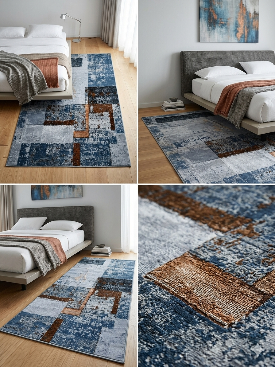 Tapis de Salon Tissé Abstrait Bleu Acier & Cognac – 180 x 120 cm