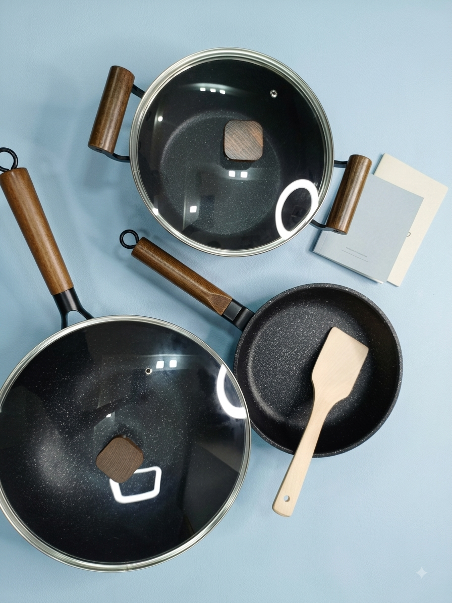 Set de Cuisine Premium DSTT® – 3 Pièces Antiadhésives en Pierre / Effet Granit & Poignées Effet Bois