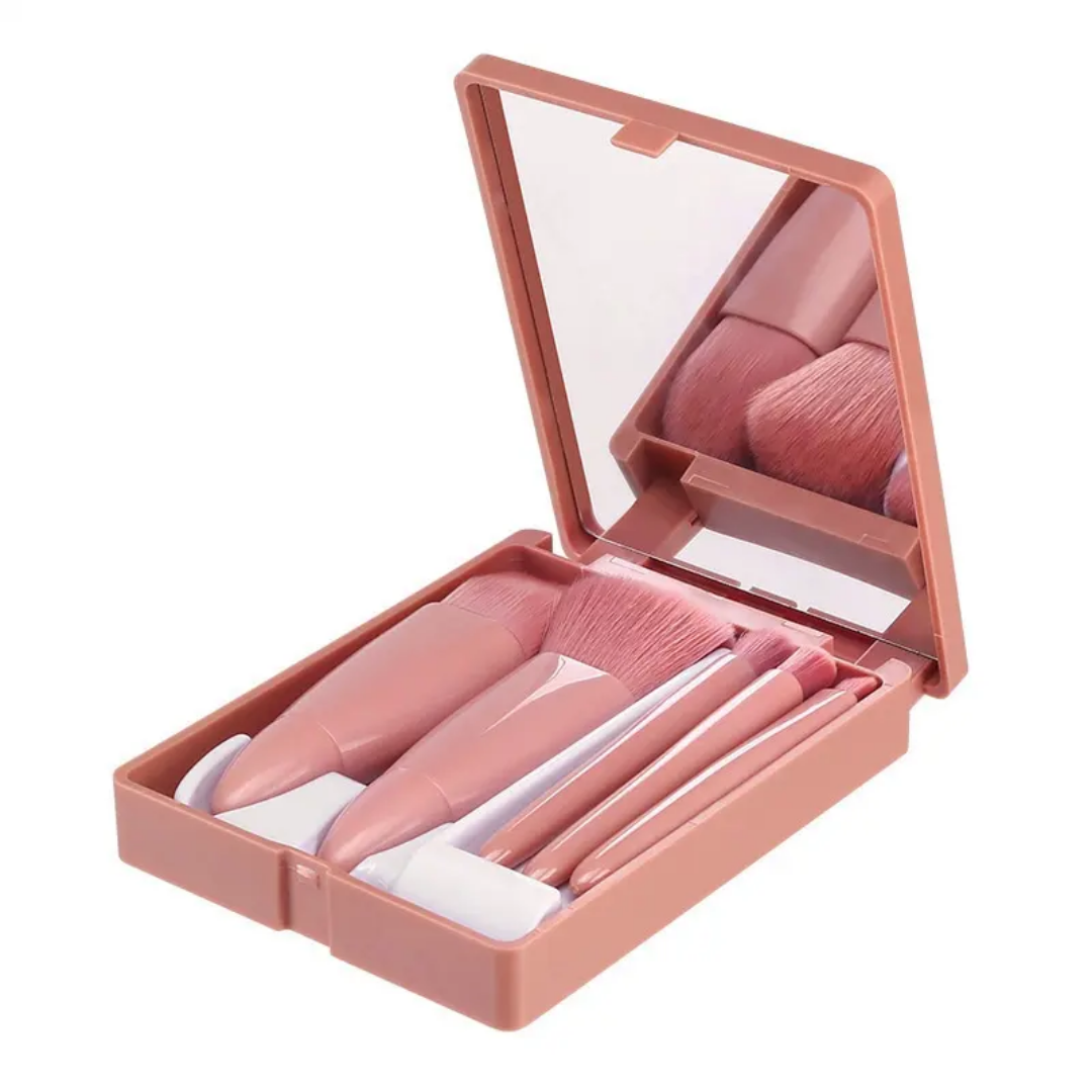 Compact 5-Piece Makeup Brush Set with Built-in Mirror - Travel Edition