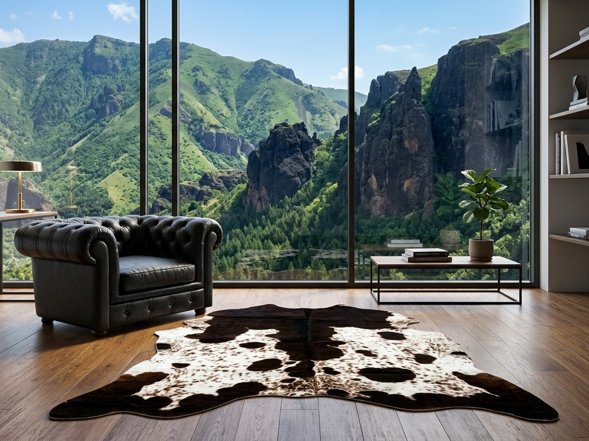 Tapis Fausse Peau de Vache Tacheté Marron et Blanc - 125x100 cm _ TP543